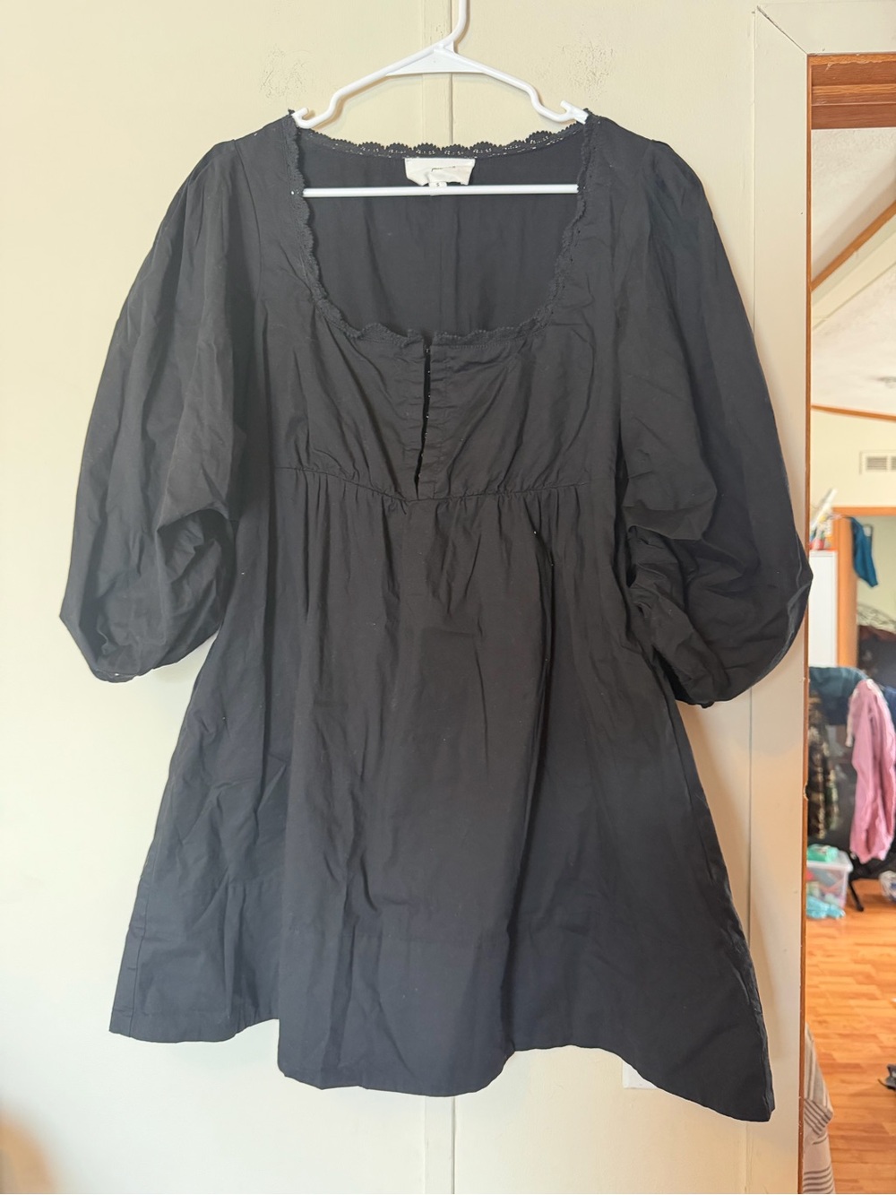 Pomander Place Black Puff Sleeve Babydoll Dress Lace Trim Size Small
